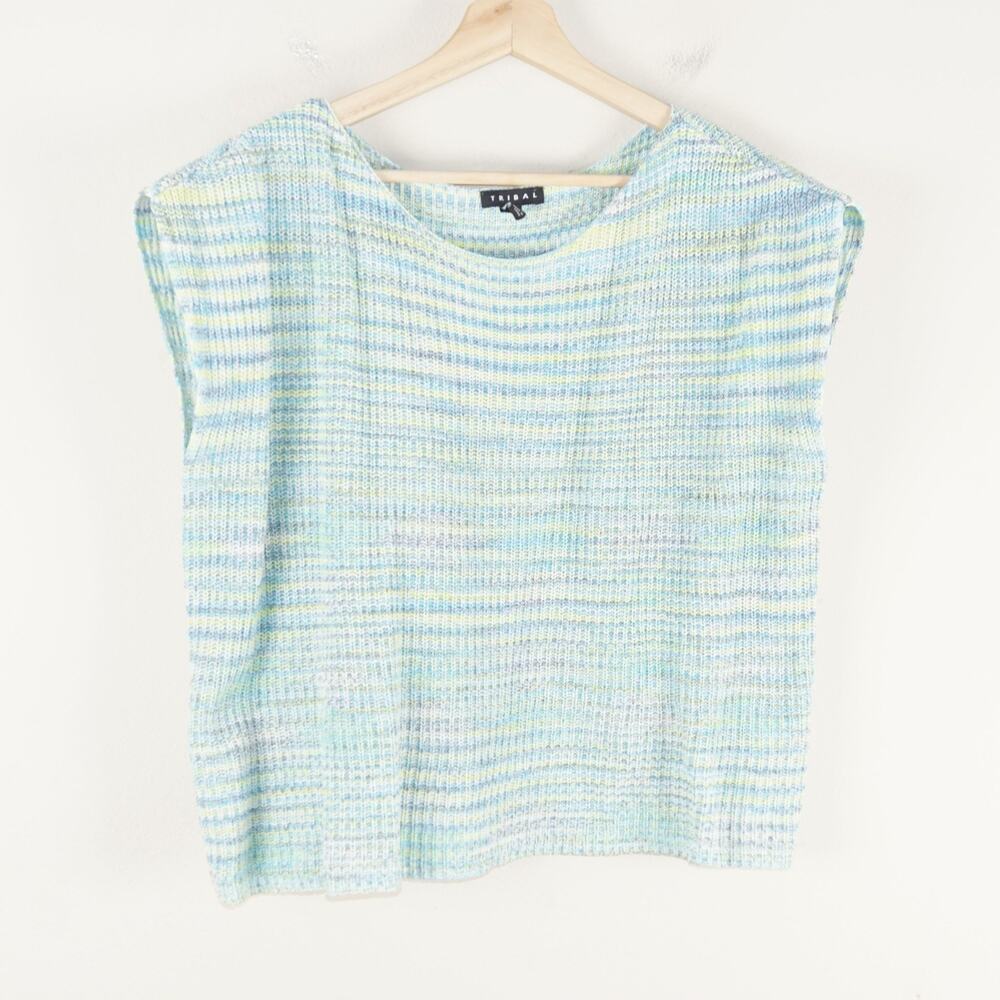Tribal Cap Sleeve Blue Green Space Dyed Cotton Knit Sweater Womens Sz M
